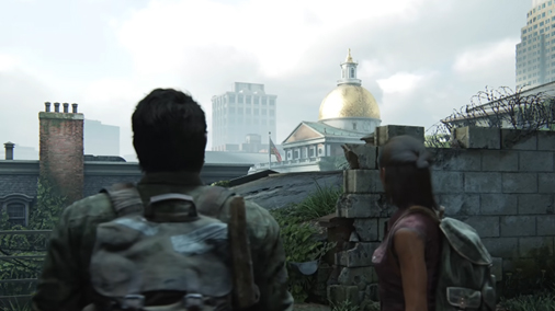 Image from The Last of Us with the Boston State House shown prominently in the background